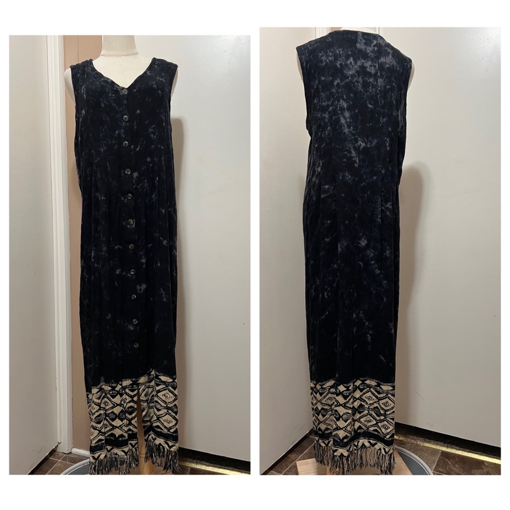 Ojai Blue Batik Dye Fringe Hem Maxi Dress Sleeveless Button Down Boho.